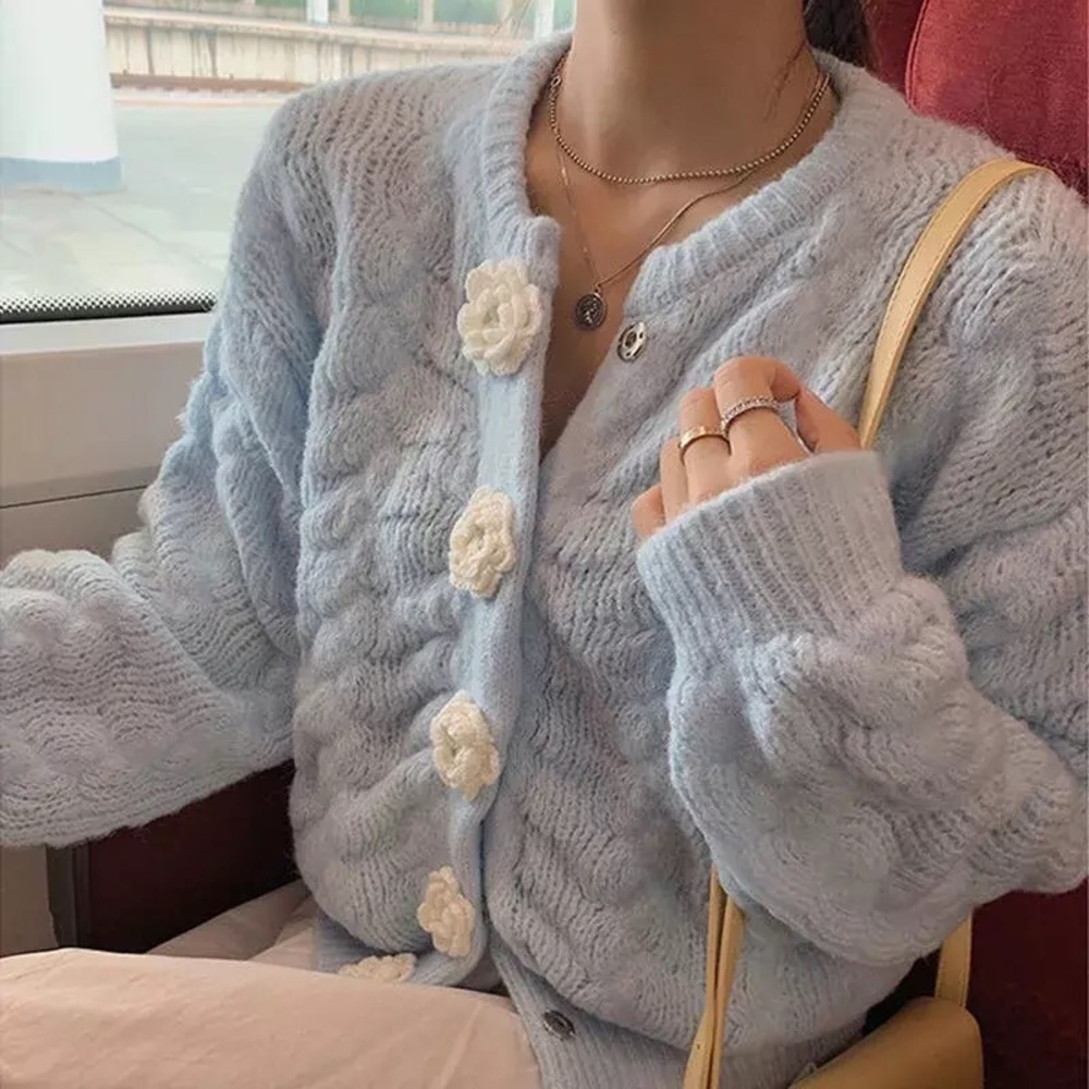 Floral cardigan sweater blue white flower button crochet long sleeve chic